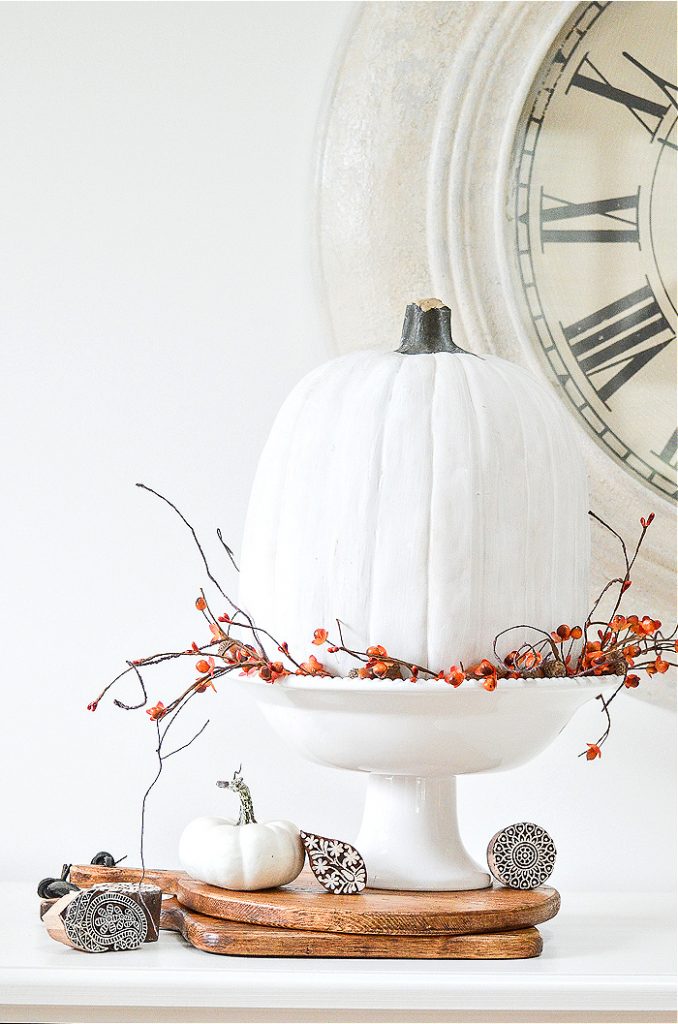 WHITE PUMPKIN IN A FOOTED BOWL WITH BITTERSWEET