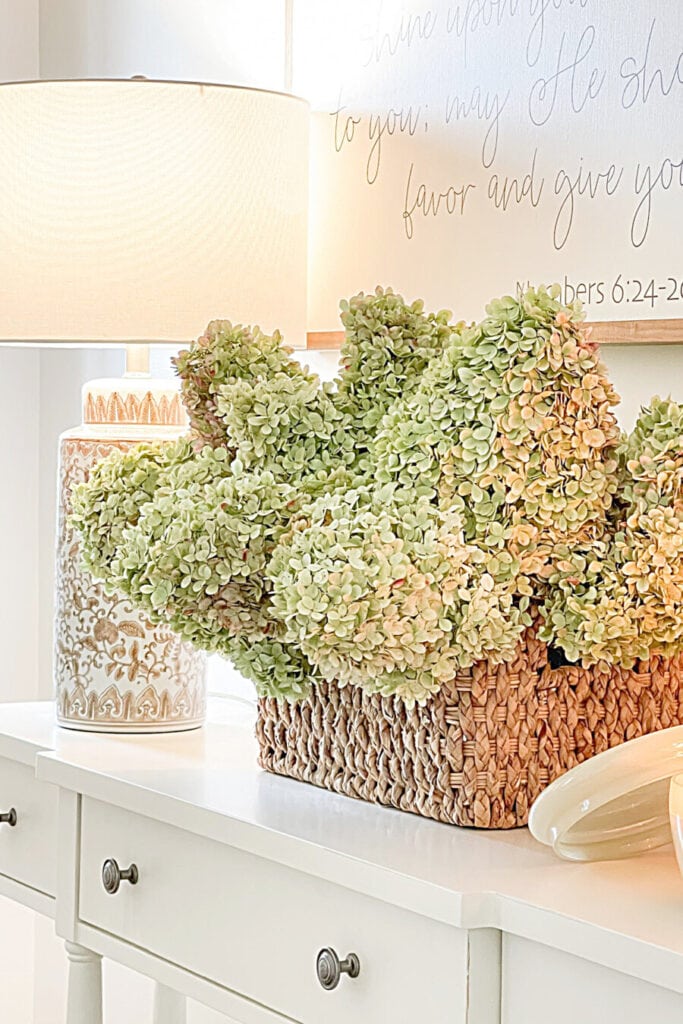 INEXPENSIVE FALL DECORATING IDEAS- BASKET OF HYDRANGEAS