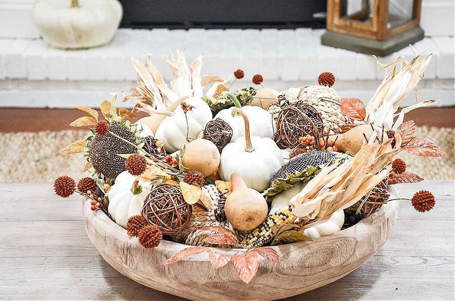 BIG WOODEN BOWL OF NATURAL FALL ELEMENTS