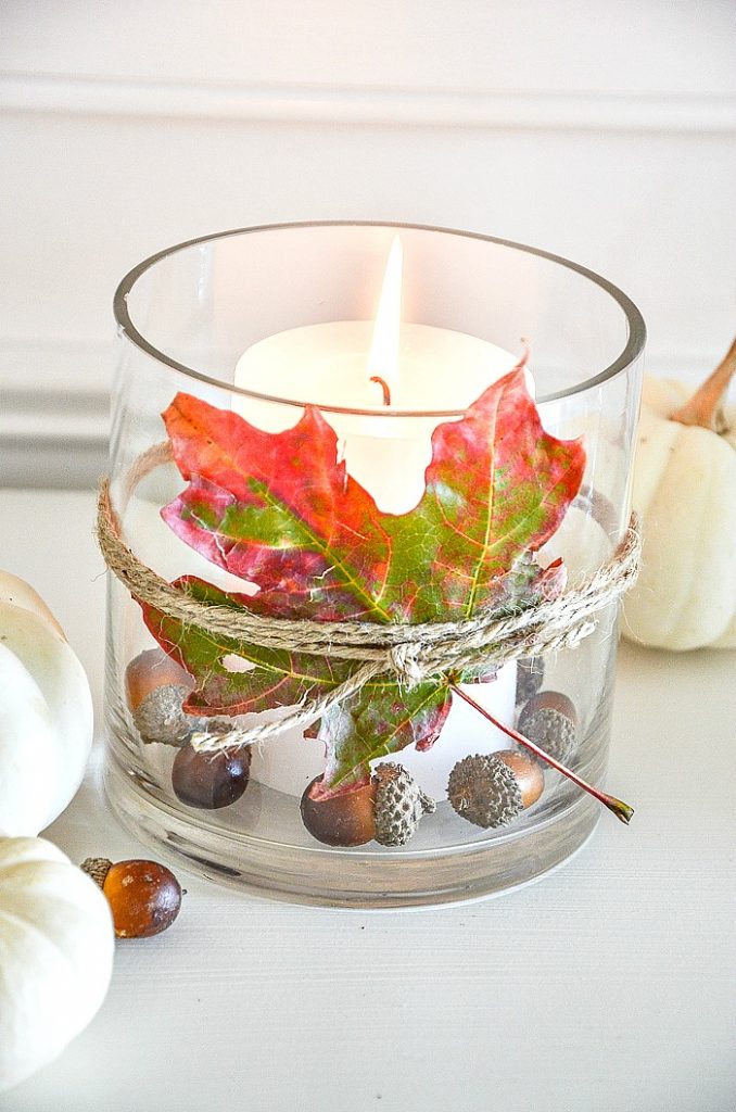 A LEAF CANDLEHOLDER, MINI PUMPKINS AND ACORNS