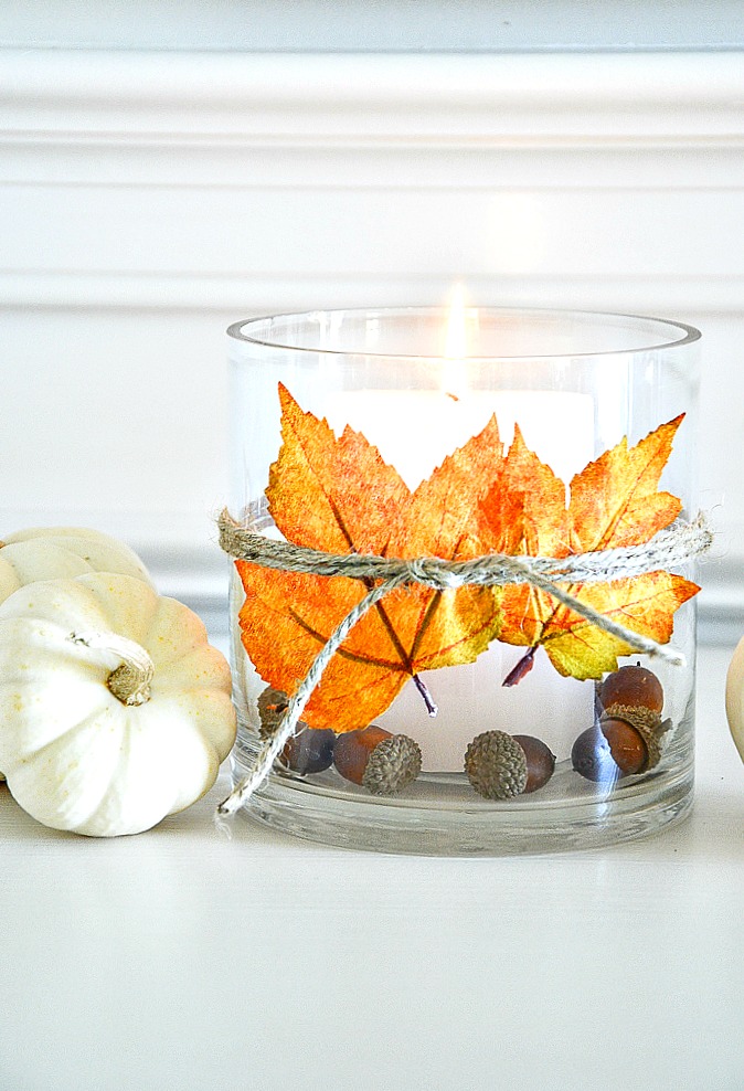 A LEAF CANDLEHOLDER, MINI PUMPKINS AND ACORNS