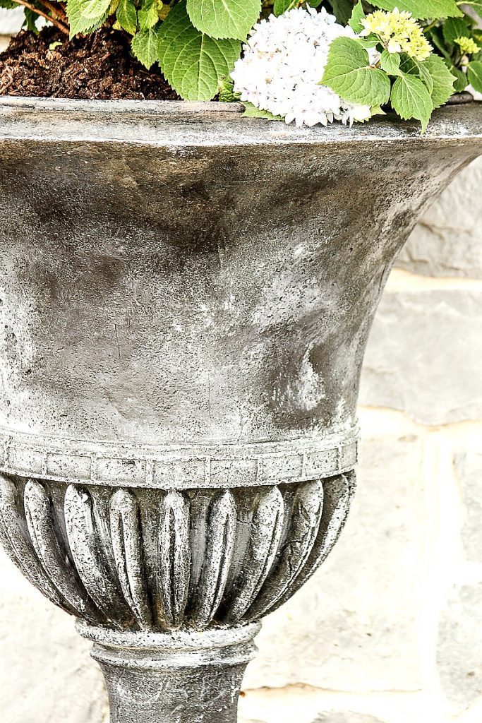 hydrangeas in large aged urn