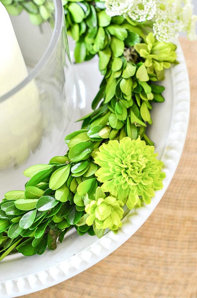 ADDING GREEN FLORALS TO SPRING CENTERPIECE