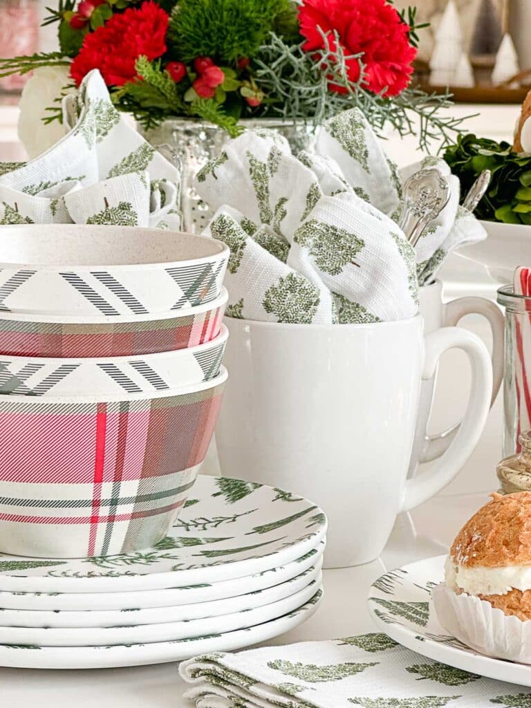 CHRISTMAS COFFEE BAR- trees and plaid on dishware