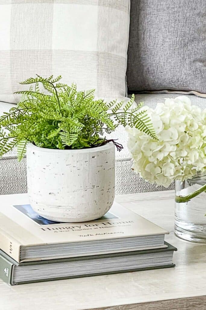 a stack of green and beige books that work with the color story and aesthetics of a sunroom.