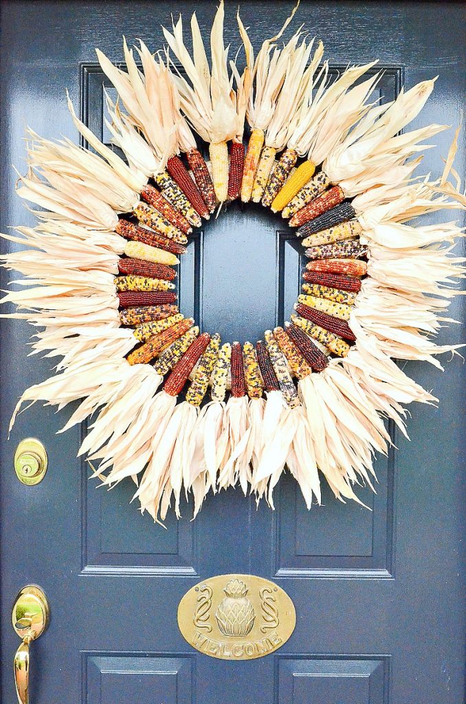 BIG INDIAN CORN WREATH ON A BLUE DOOR