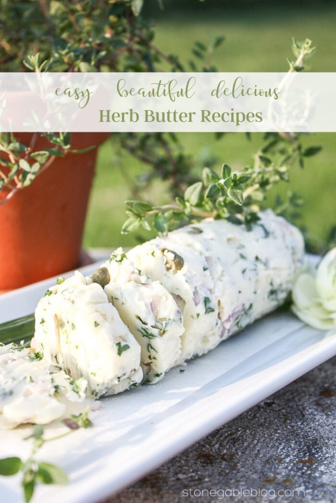 HERB BUTTER ON A WHITE PLATE WITH A POT OF THYME IN BACK OF IT