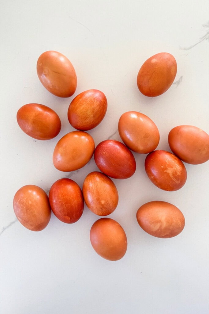 onion skin dyed Easter eggs- EGGS ON THE KITCHEN COUNTER