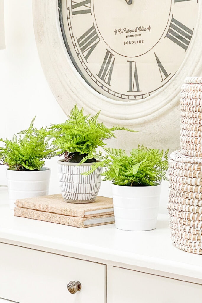 SPRING DECOR IDEAS- a trio of ferns in coordinating pots on a white buffet 