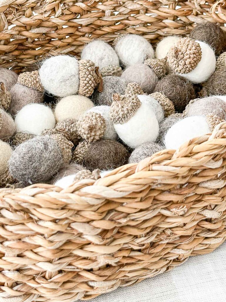 BASKET OF WOOL BALL ACORNS