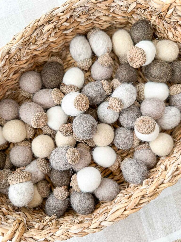 WOOL ACORNS IN A LITTLE BASKET